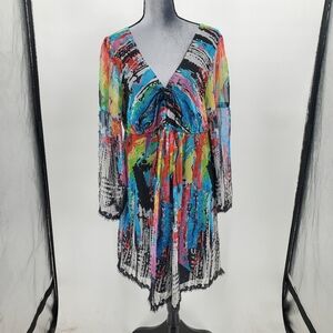 ◇ Oleg Cassini Abstract Print Colorful Chiffon Dress Size 14  Red Blue Yellow